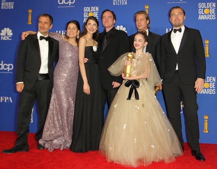 David Heyman, Shannon McIntosh, Margaret Qualley, Quentin Tarantino, Brad Pitt, Julia Butters, and Leonardo DiCaprio at the 2020 Golden Globe Awards