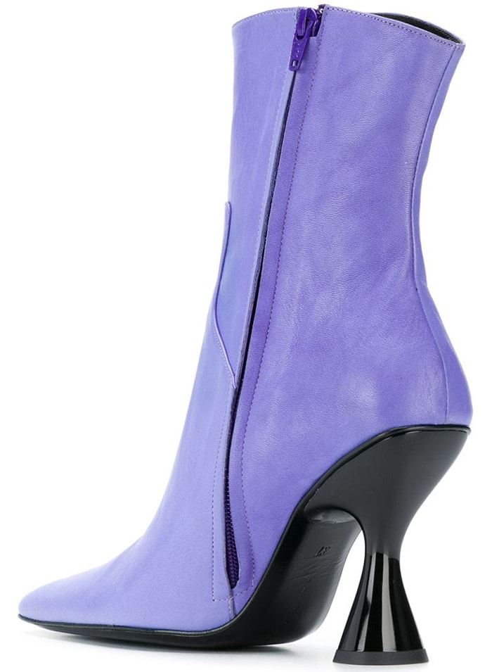 Lilac leather pointed toe ankle boots featuring a side zip fastening, a stitch detail, and a mid-heel