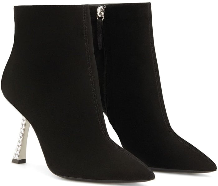 These black, suede ankle boots are characterized by their tapered design and by their sculpted heel, covered in crystals