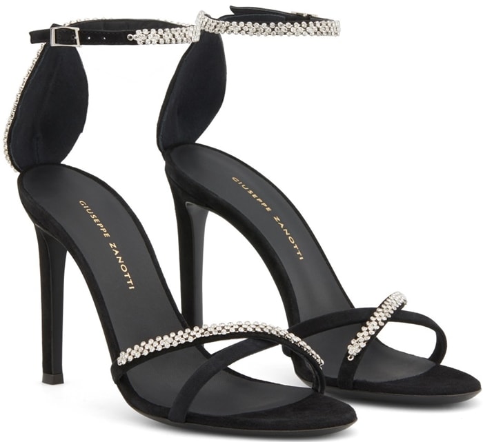 Black suede Miria rhinestone-embellished sandals featuring crossover straps to the front, an ankle strap with a side buckle fastening, a branded insole, a high stiletto heel and a leather sole