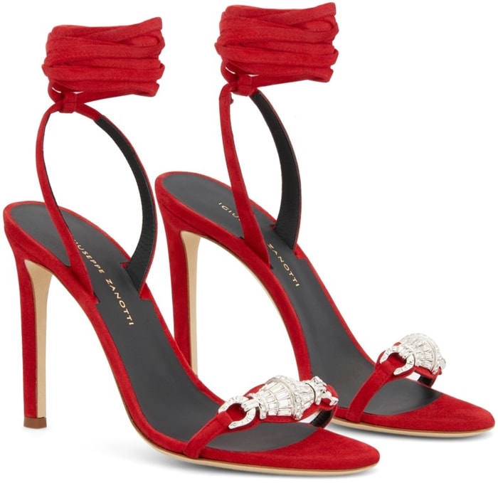 Red leather and suede Thais 105mm ankle-wrap sandals from Giuseppe Zanotti featuring an almond toe, a toe strap, crystal embellishments, a branded insole, an ankle strap and a high stiletto heel.