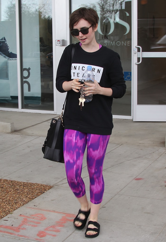 Lily Collins leaves Body by Simone in a pair of Birks on May 8, 2015