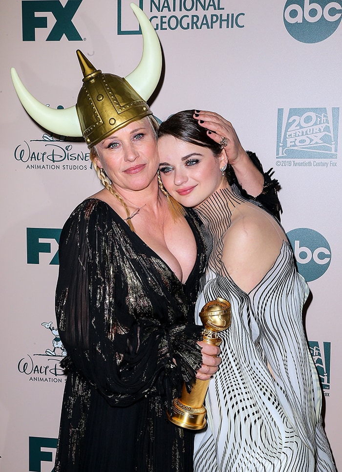 Patricia Arquette accidentally hit Joey King with her Golden Globe trophy at The Walt Disney Company 2020 Golden Globe Awards after party in Los Angeles on January 5, 2019