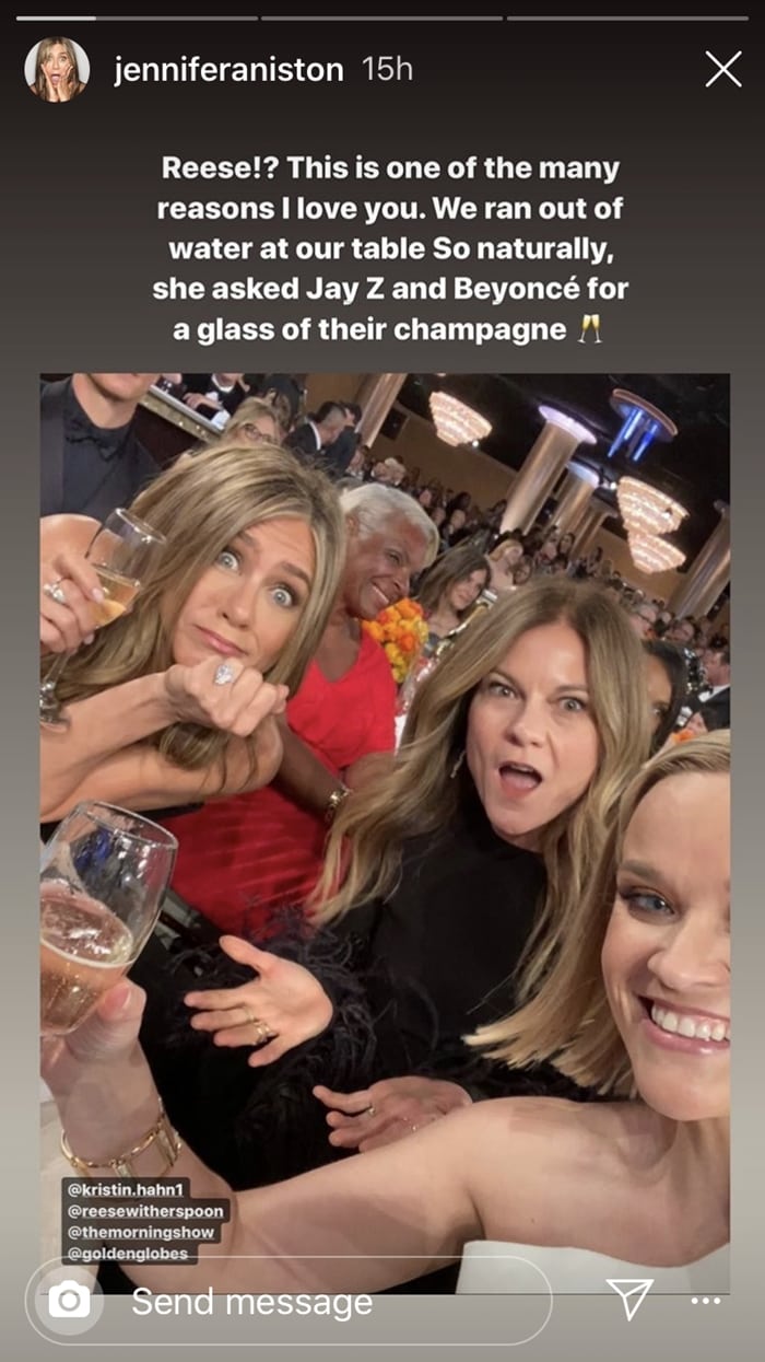 Jennifer Aniston, producer Kristin Hahn, and Reese Witherspoon received Armand de Brignac champagne from Jay Z and Beyonce