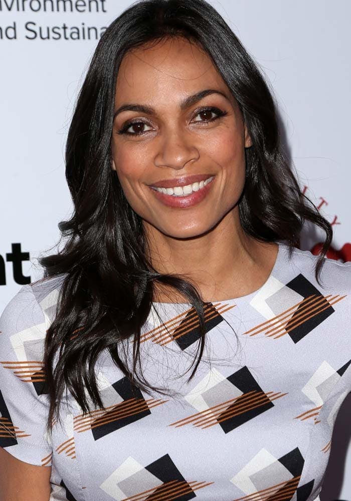 Rosario Dawson keeps her beauty look effortless with soft waves and a natural glow that complements her modern Suno print dress