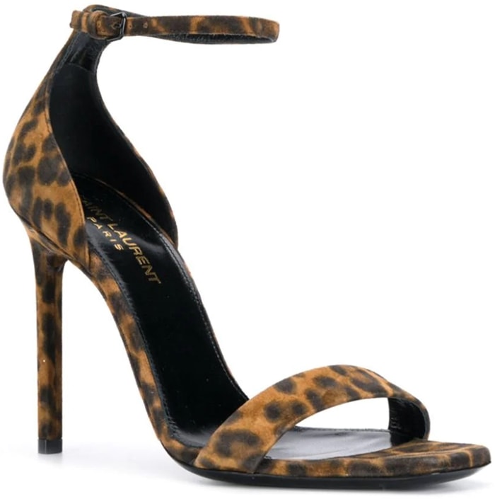 Camel and dark brown leather Amber leopard print sandals from Saint Laurent featuring an open toe, a branded insole, an ankle strap with a side buckle fastening and a mid high stiletto heel