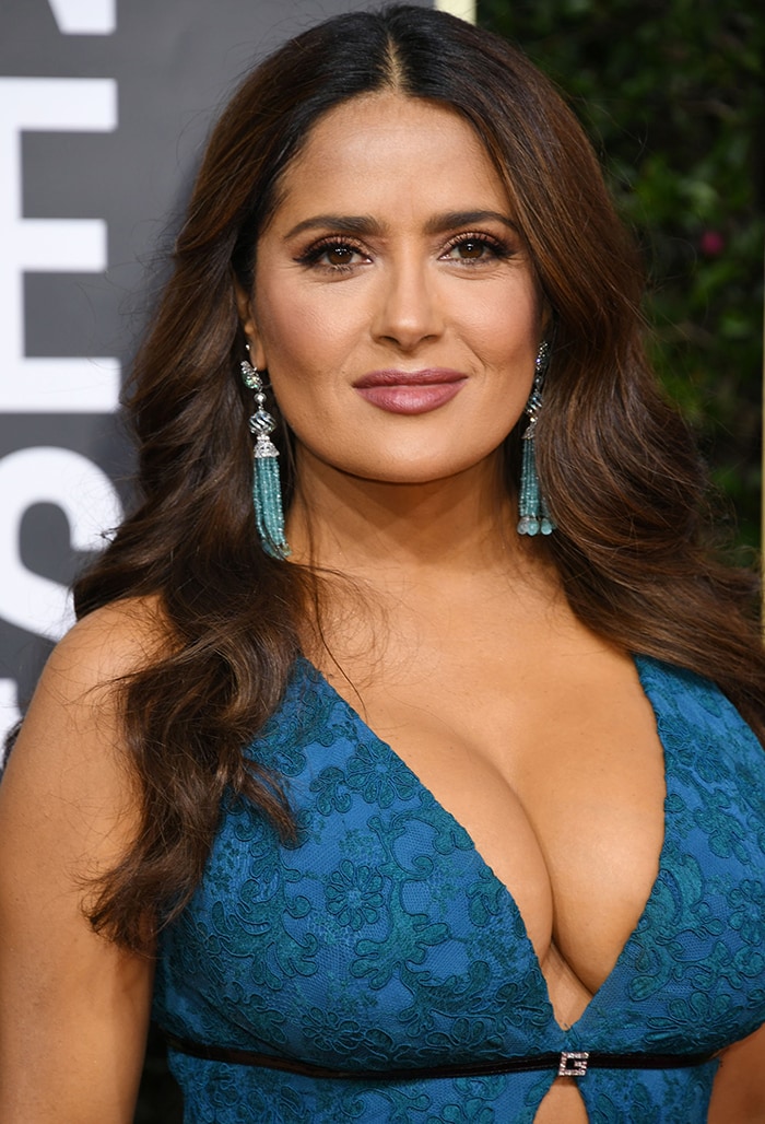 Salma Hayek wears her hair in soft waves with new Charlotte Tilbury Pillow Talk makeup 