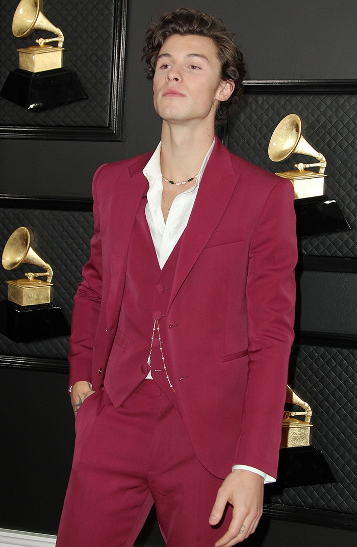 Shawn Mendes looks handsome in Louis Vuitton magenta suit