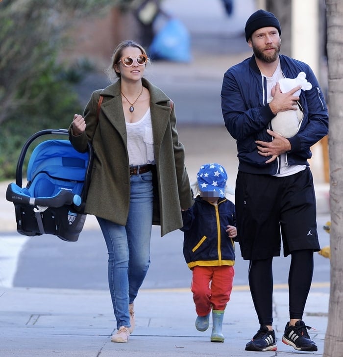 Teresa Palmer leaves Cafe Gratitude at Larchmont Village with husband Mark Webber and their two kids Bodhi and newborn son Forest