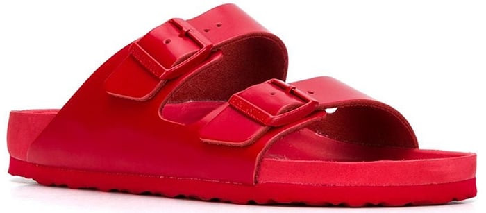 red plastic birkenstocks