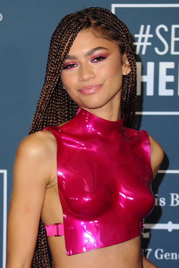 Zendaya's long braids and pink smoky eye-makeup completes her look