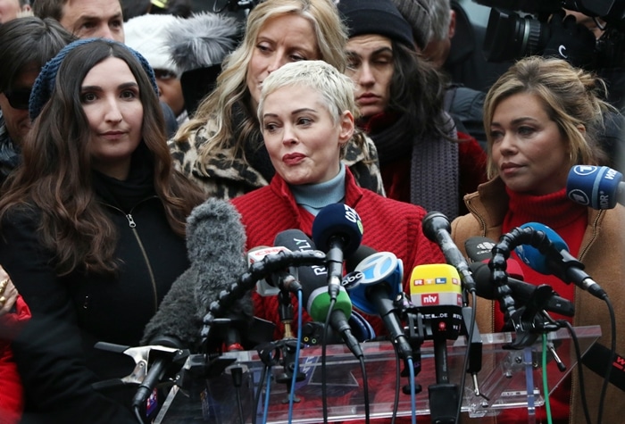 Actress Rose McGowan, who accused American film producer Harvey Weinstein of raping her and destroying her career, joins other accusers and protesters and speaks speech to the press