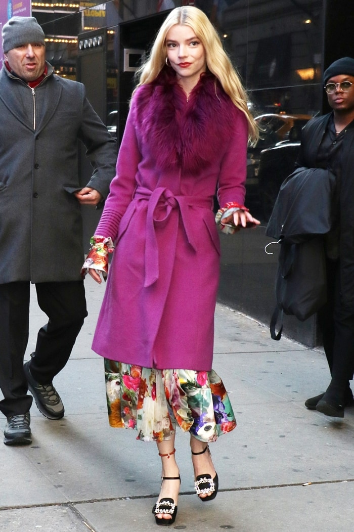 Anya Taylor-Joy outside the studios of Good Morning America in a Prabal Gurung dress and a long coat from Sentaler