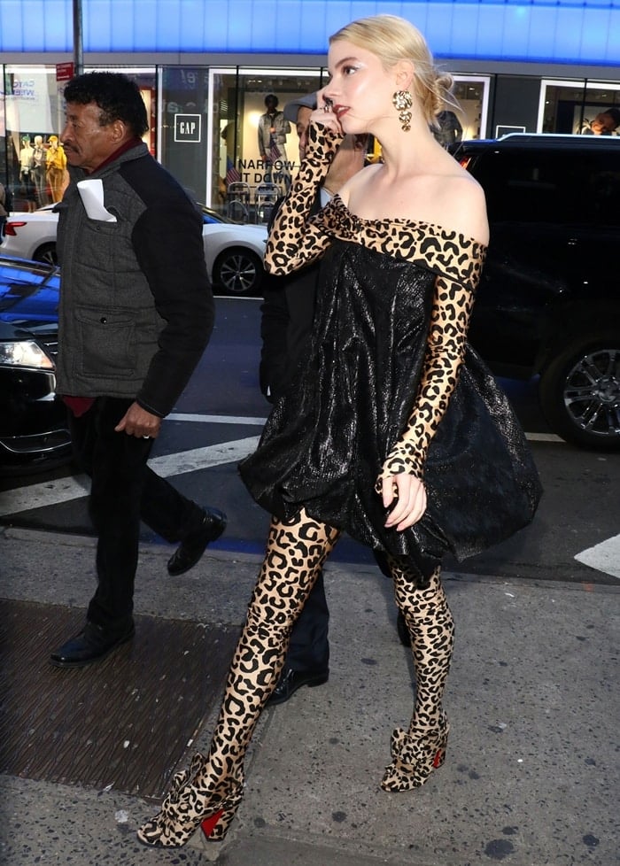 Anya Taylor-Joy wore a leopard jumpsuit with a black dress from Halpern's Spring 2020 Collection