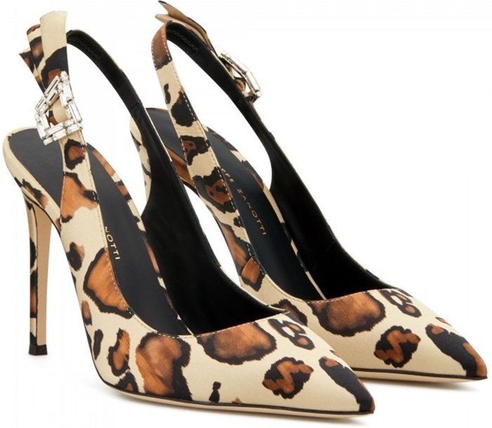 Ecru, camel brown and black leather bejewelled buckle leopard pumps from Giuseppe Zanotti