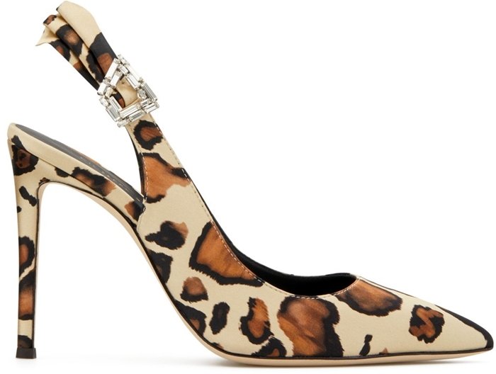 Ecru, camel brown and black leather bejewelled buckle leopard pumps from Giuseppe Zanotti