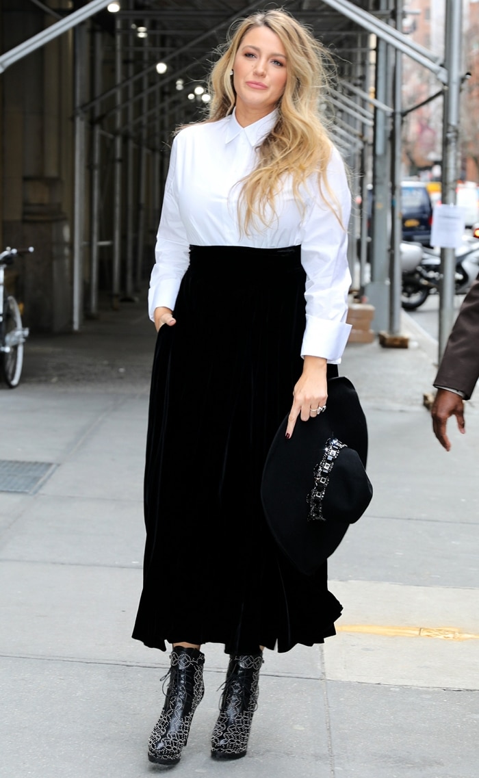 Blake Lively promoting 'The Rhythm Section' in classic black and white outfit from Alaïa