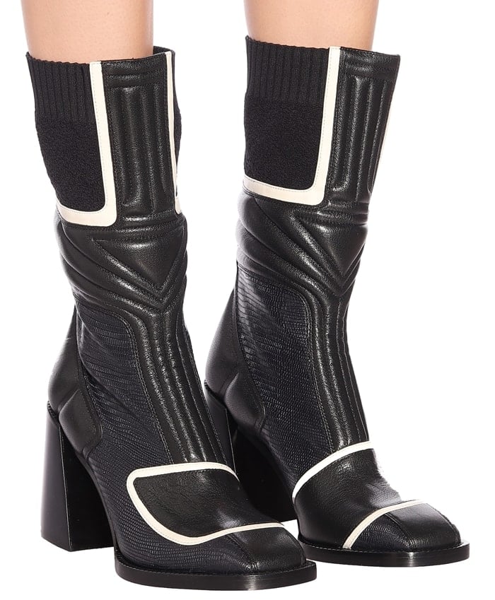 Black leather Bell 50mm boots from Chloé featuring a back zip fastening, a square toe, a chunky low heel, a paneled design, an elasticated ankle cuff and padding details