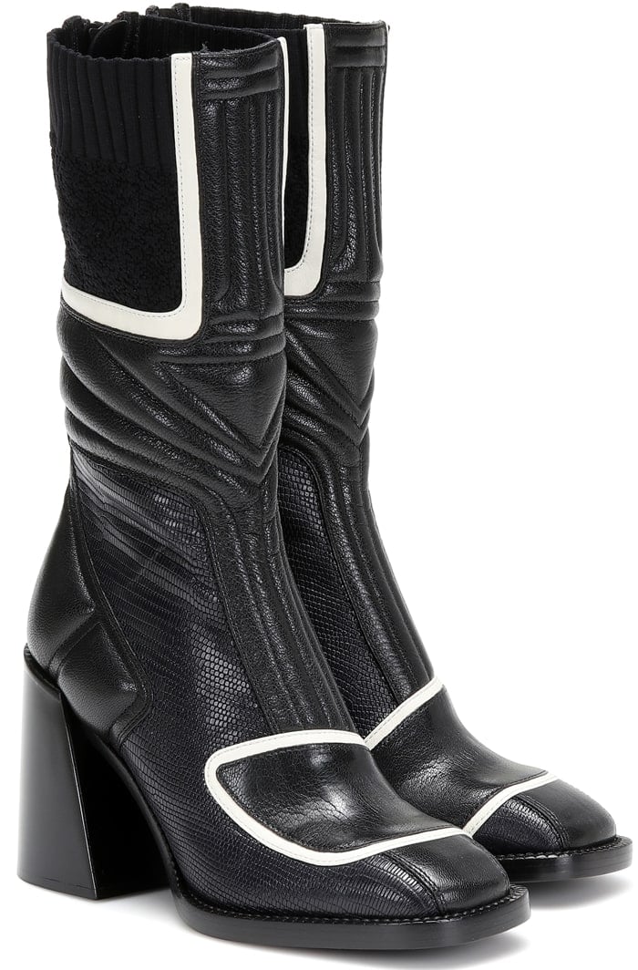 Black leather Bell 50mm boots from Chloé featuring a back zip fastening, a square toe, a chunky low heel, a paneled design, an elasticated ankle cuff and padding details