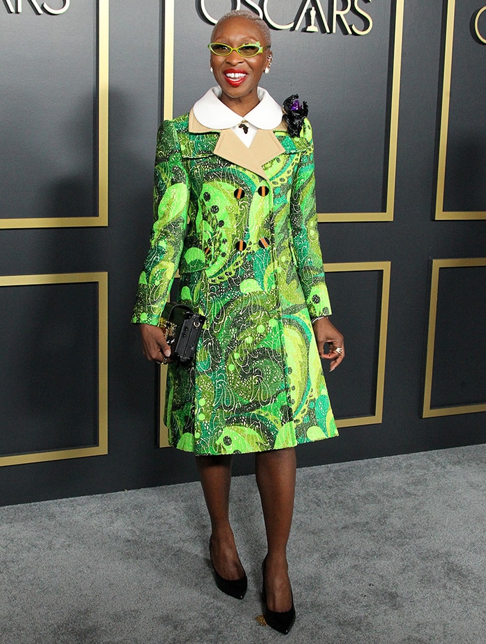 Cynthia Erivo in Louis Vuitton green coat dress at the 92nd Academy Awards Nominees Luncheon on January 27, 2020