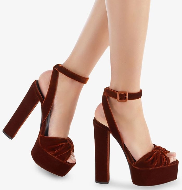 Burnt brown velvet and leather Betty sandals from Giuseppe Zanotti featuring a peep toe, a platform sole, a branded insole, a high block heel and an ankle strap with a side buckle fastening