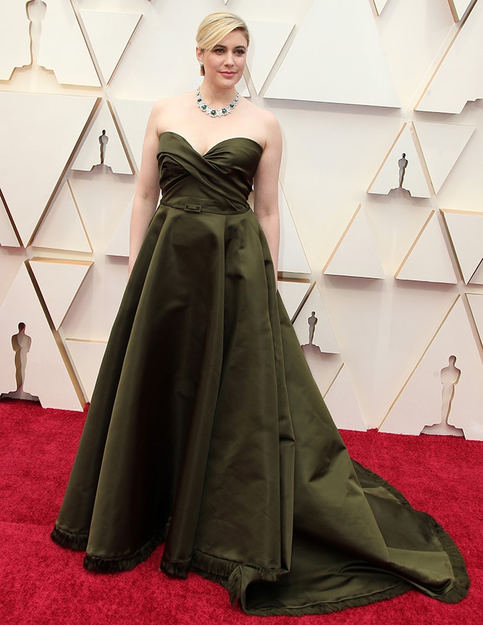 Greta Gerwig goes for old Hollywood style in olive green Dior ball gown