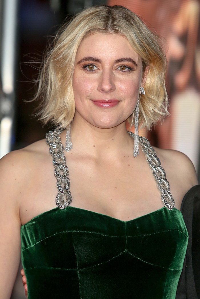 Greta Gerwig looks hot with tousled bob and pink nude lipstick