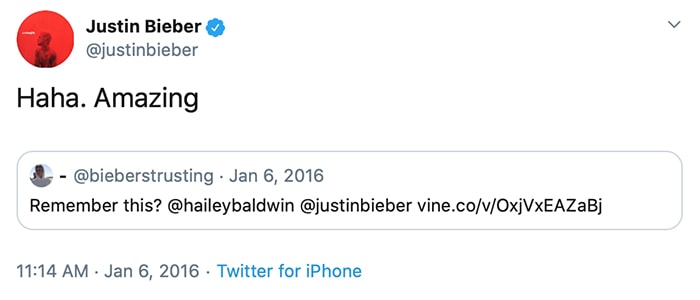 Justin retweets a link to a video of his first meeting with Hailey