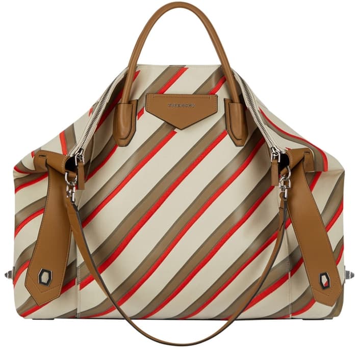 Printed and embroidered racing stripes distinguish this buttery-smooth leather Antigona bag made in Italy with a slouchy shape and removable shoulder strap