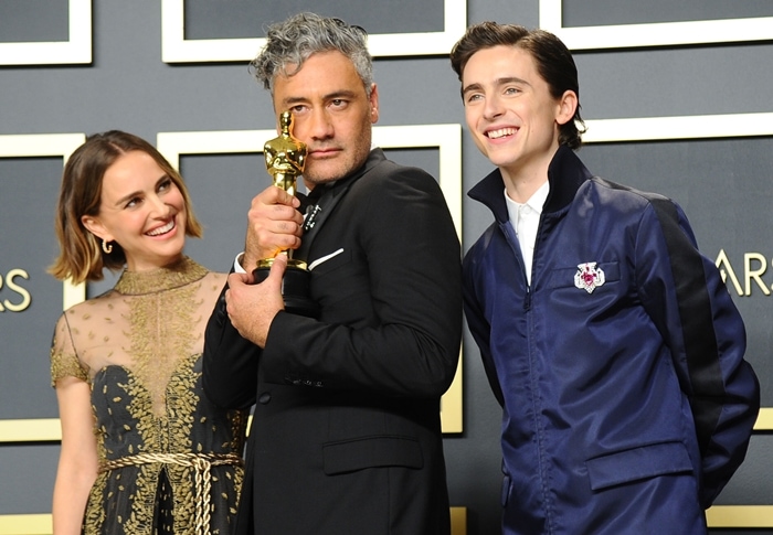 Natalie Portman, Taika Waititi, winner of the Adapted Screenplay award for Jojo Rabbit and Timothée Chalamet