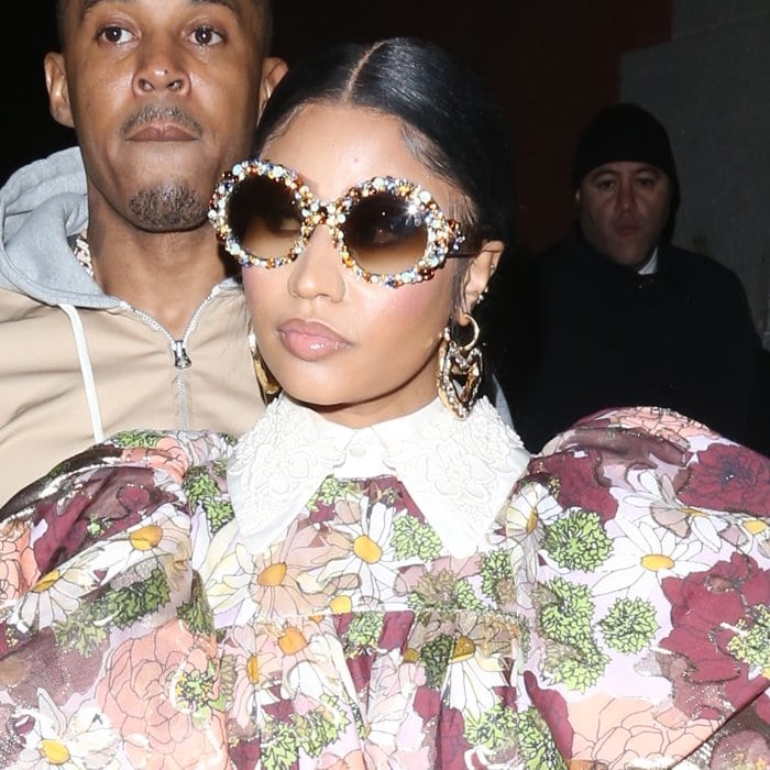 Nicki Minaj wears A-Morir oversized round frame sunglasses with Swarovski mirrored ovals, flatback crystals, flatback pearls, and pointed back crystals