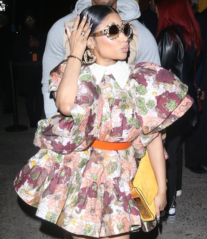 Nicki Minaj's ruffled mini dress with embroidered collar and silk tie detail