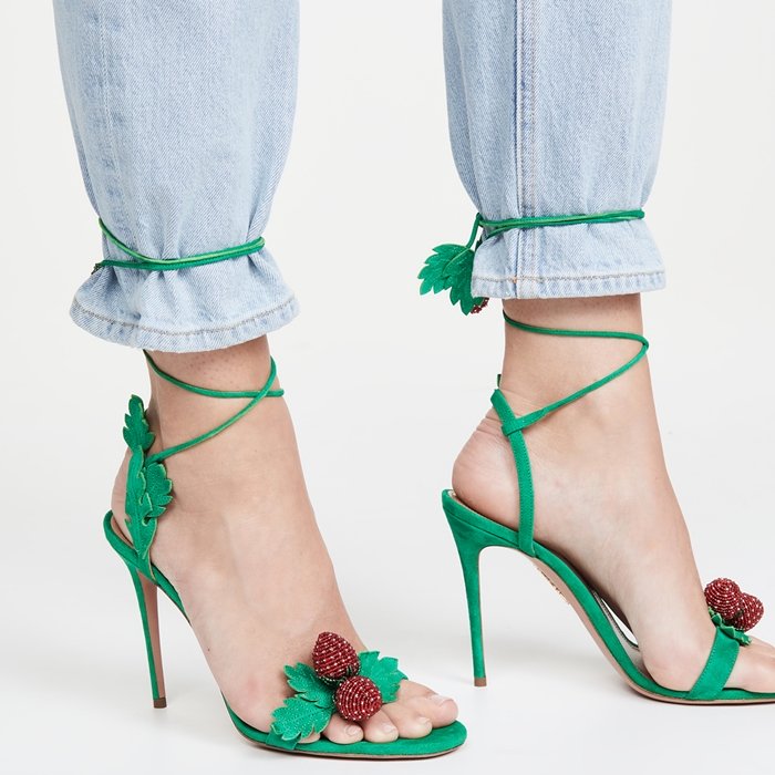 Jungle green Fragolina sandals with beaded strawberry and leaf accents