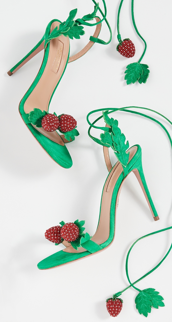 Jungle green Fragolina sandals with beaded strawberry and leaf accents