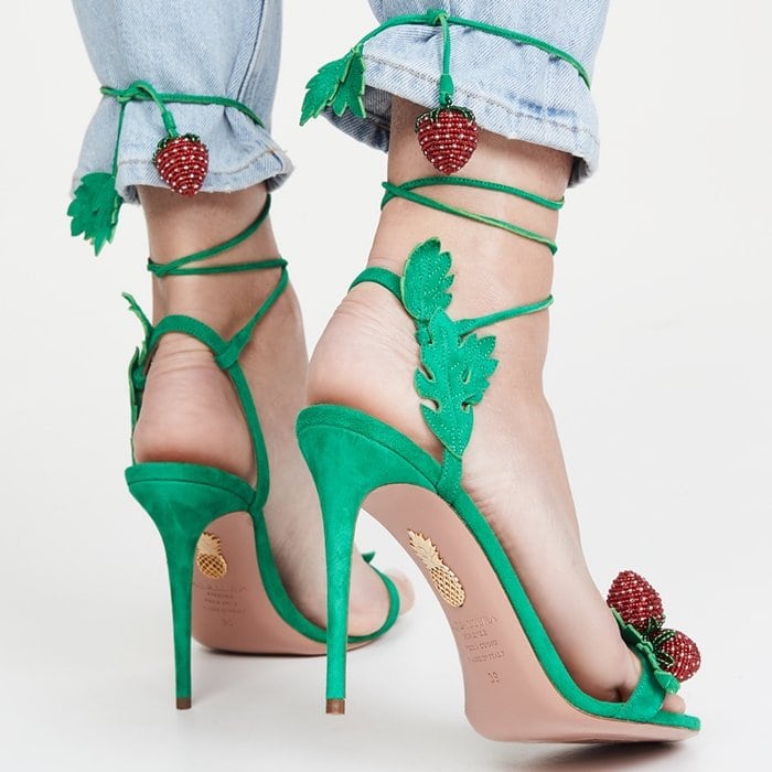 Jungle green Fragolina sandals with beaded strawberry and leaf accents