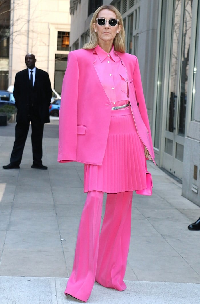 Celine Dion turns Manhattan streets into her runway in head-to-toe pink Peter Do suit on March 7, 2020