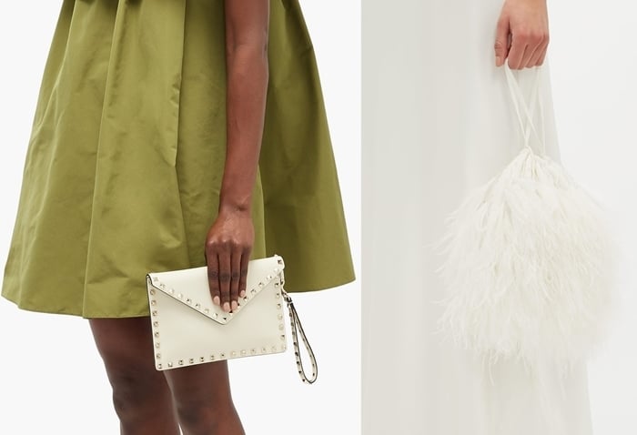 Valentino's Rockstud leather pouch and a white The Attico wristlet pouch that is created with hundreds of wispy ostrich feathers and beading