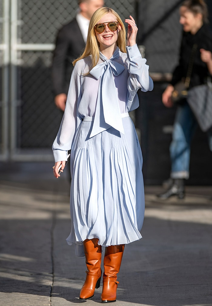 Elle Fanning arriving at the El Capitan Entertainment Center in Los Angeles for an appearance on Jimmy Kimmel Live! on March 4, 2020