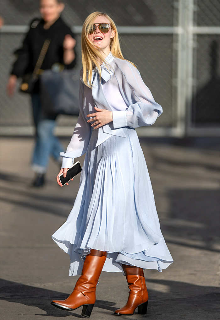 Elle Fanning in matching pastel blue Rochas blouse and midi skirt