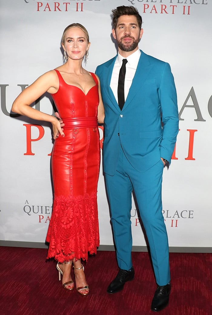 Emily Blunt in Alexander McQueen dress with husband John Krasinski at the A Quiet Place Part II premiere on March 8, 2020