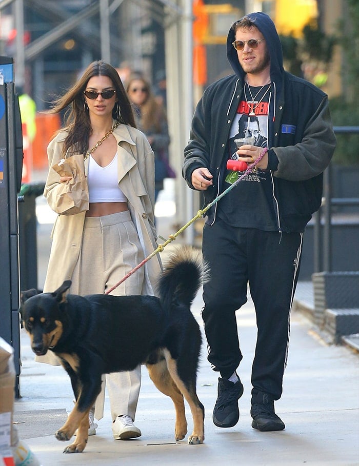 Emily Ratajkowski and husband Sebastian Bear-McClard take Colombo out for a walk on February 17, 2020