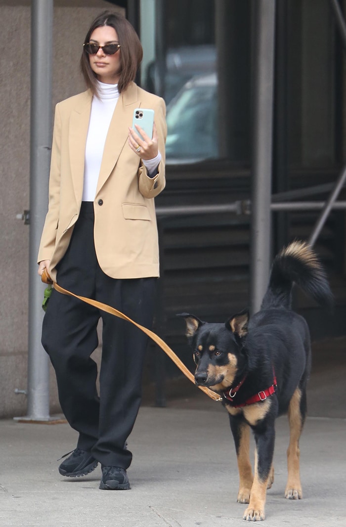 Emily Ratajkowski opts for business-chic in Givenchy blazer as she walks her dog, Colombo, in New York City on March 11, 2020