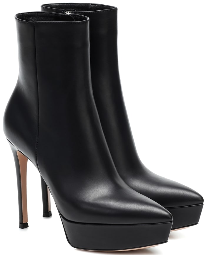 Black leather Dasha platform booties from Gianvito Rossi featuring a pointed toe, an ankle length, a side zip fastening, a platform sole and a high stiletto heel