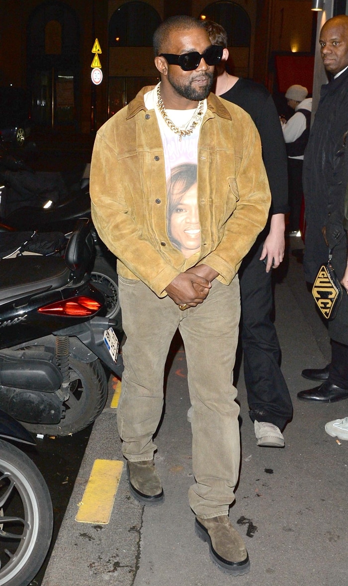 Kanye West wearing a t-shirt with his mother Donda West's face