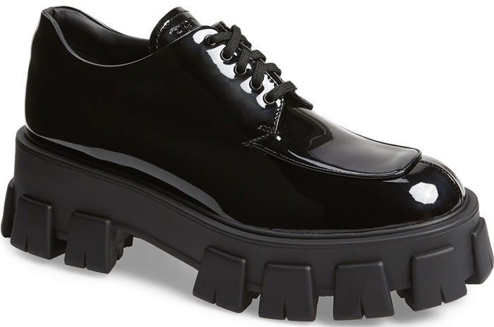 A sleek leather dress shoe tops a utilitarian chunky lug sole