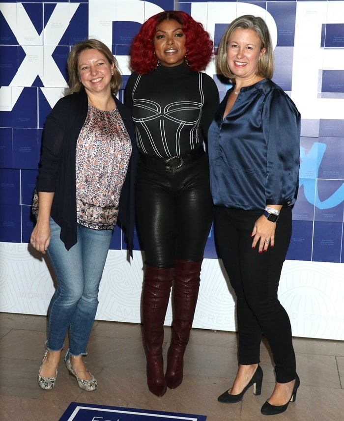 Red-haired Taraji P. Henson stuns in leather pants and over-the-knee Casadei boots at American Express’s #ExpressThanks Pop-Up Cafe at Grand Central Station on March 6, 2020, in New York City