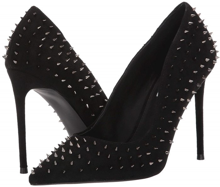 Spiky studs add rocker-chic attitude to a pointed-toe pump lifted by a stiletto heel