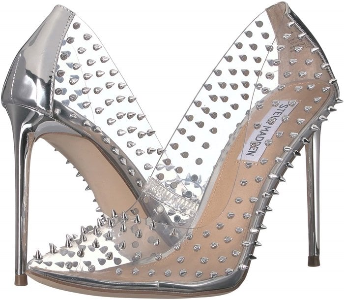 Spiky studs add rocker-chic attitude to a pointed-toe Vala pump lifted by a stiletto heel