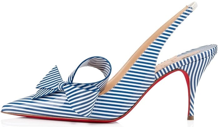 Exquisitely crafted from blue and white Jeans-Bianco striped leather, this retro court shoe features an elegant 80 mm mid-height stiletto heel and low-cut décolleté adorned with a couture bow
