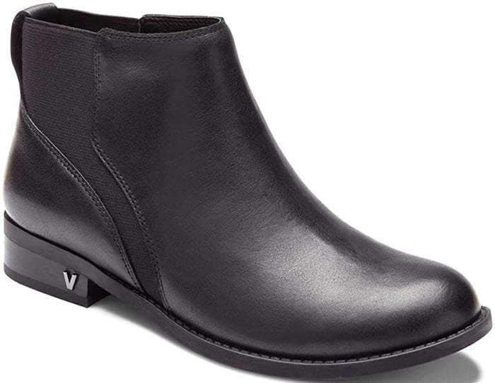 This bootie features weather-resistant leather upper material and pull-on design with side goring